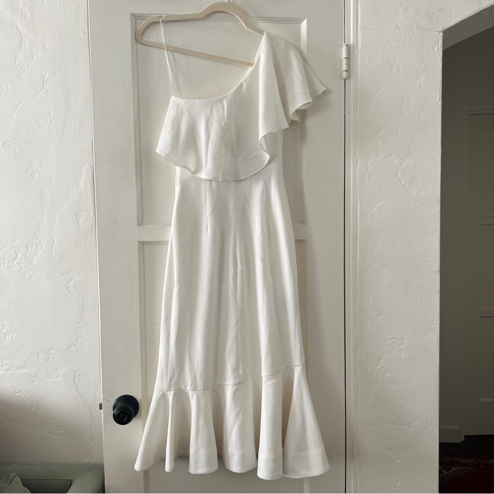 Dress the Population Raquel White One Shoulder Ruffle Mermaid Midi Dress XS